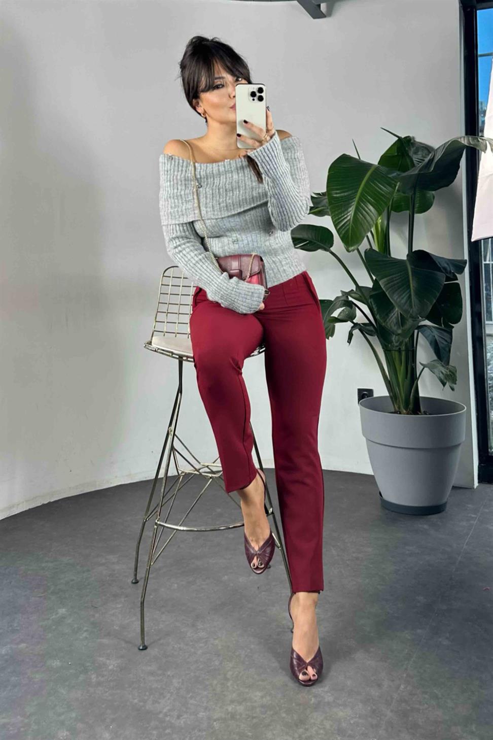 Orjinal Model Yüksek Bel Pensli Kumaş Pantolon Bordo