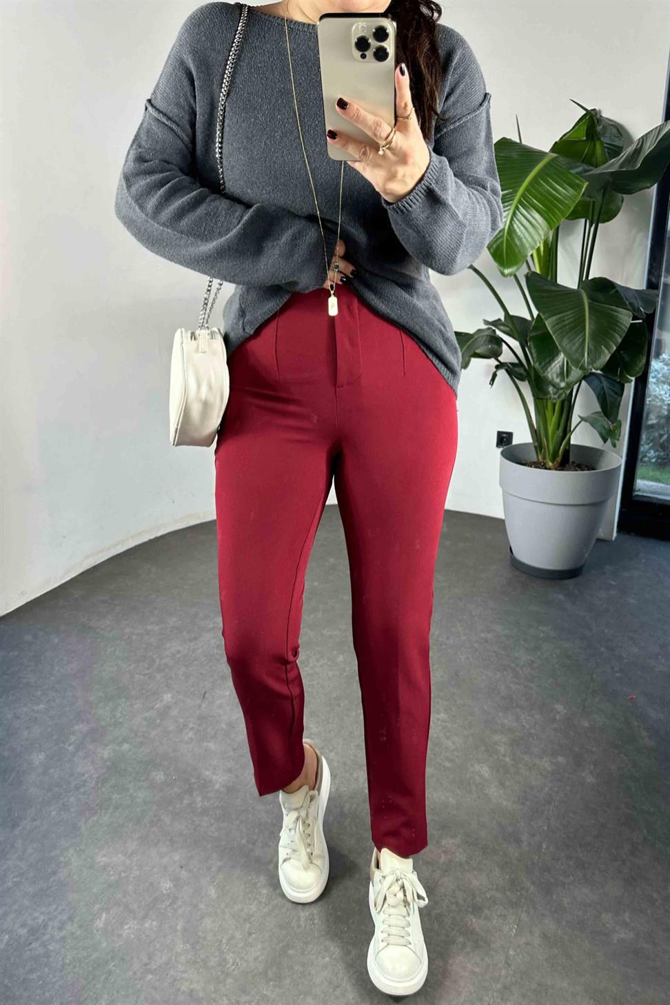 Orjinal Model Yüksek Bel Pensli Kumaş Pantolon Bordo