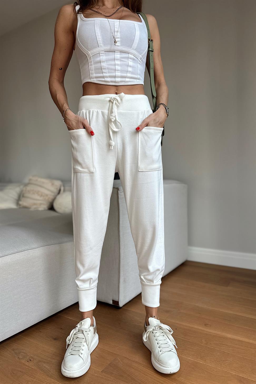 Örme Cep Detay Triko Pantolon Beyaz