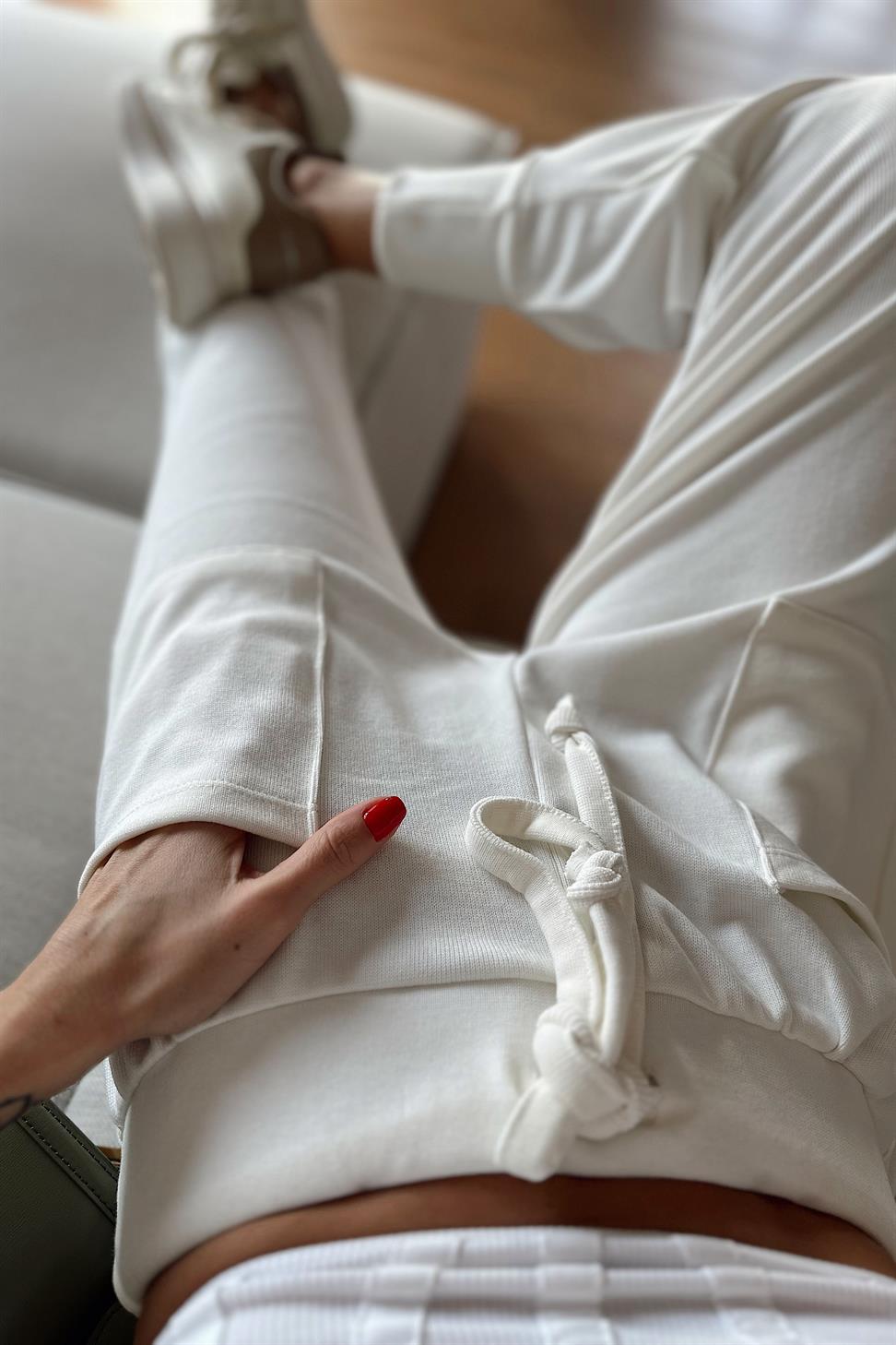 Örme Cep Detay Triko Pantolon Beyaz