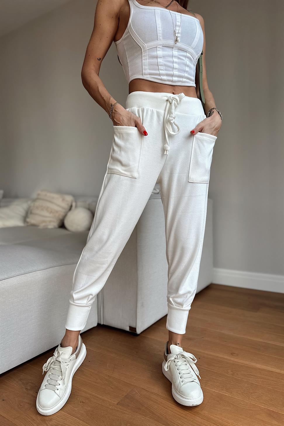 Örme Cep Detay Triko Pantolon Beyaz