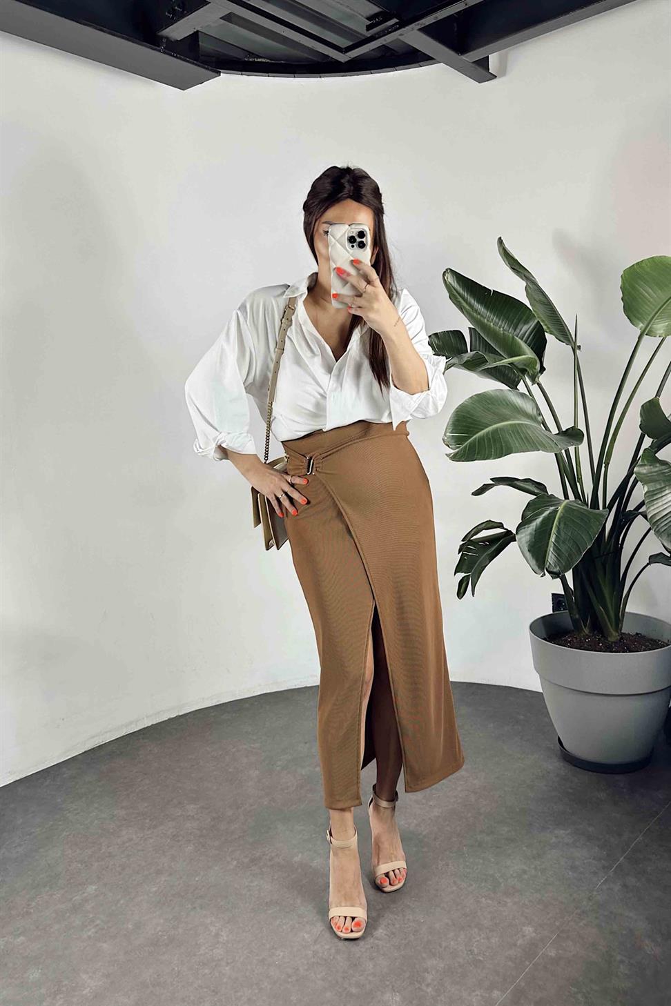 Ottoman Kumaş Önü Tokalı Etek Kahverengi