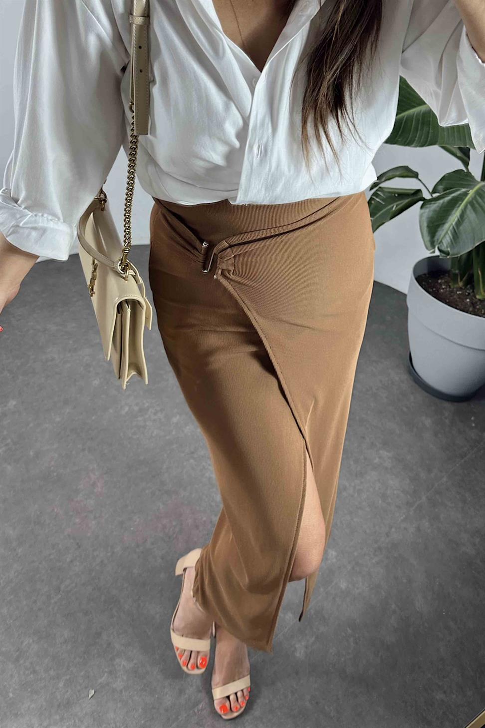 Ottoman Kumaş Önü Tokalı Etek Kahverengi