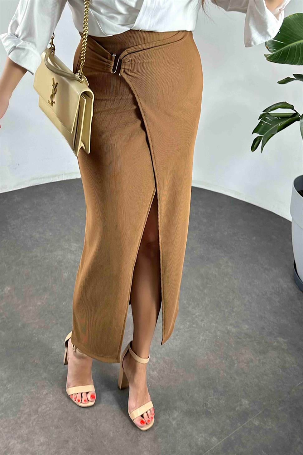 Ottoman Kumaş Önü Tokalı Etek Kahverengi