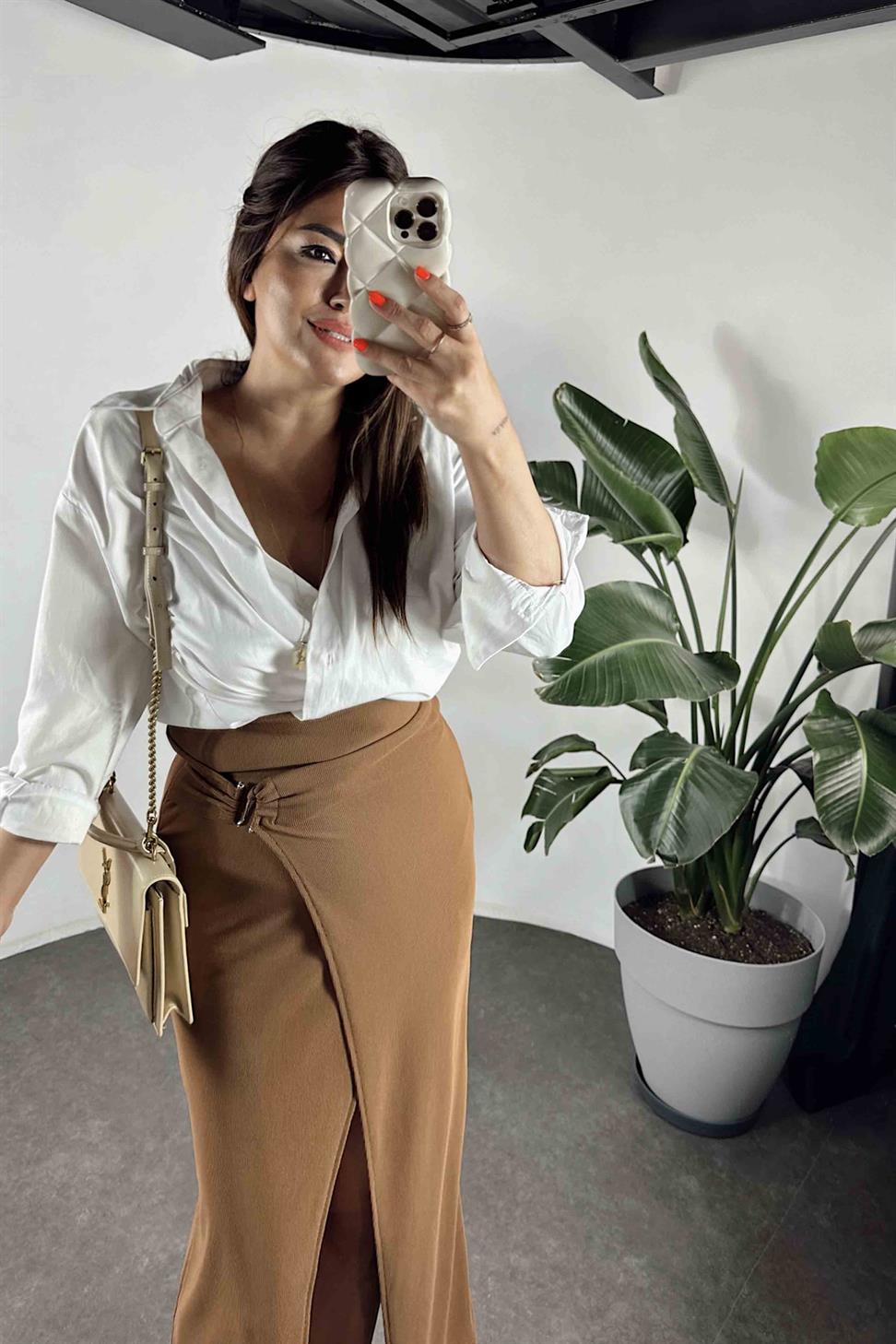 Ottoman Kumaş Önü Tokalı Etek Kahverengi