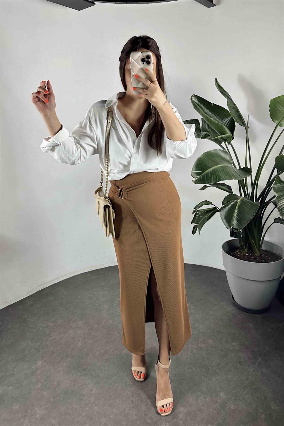 Ottoman Kumaş Önü Tokalı Etek Kahverengi