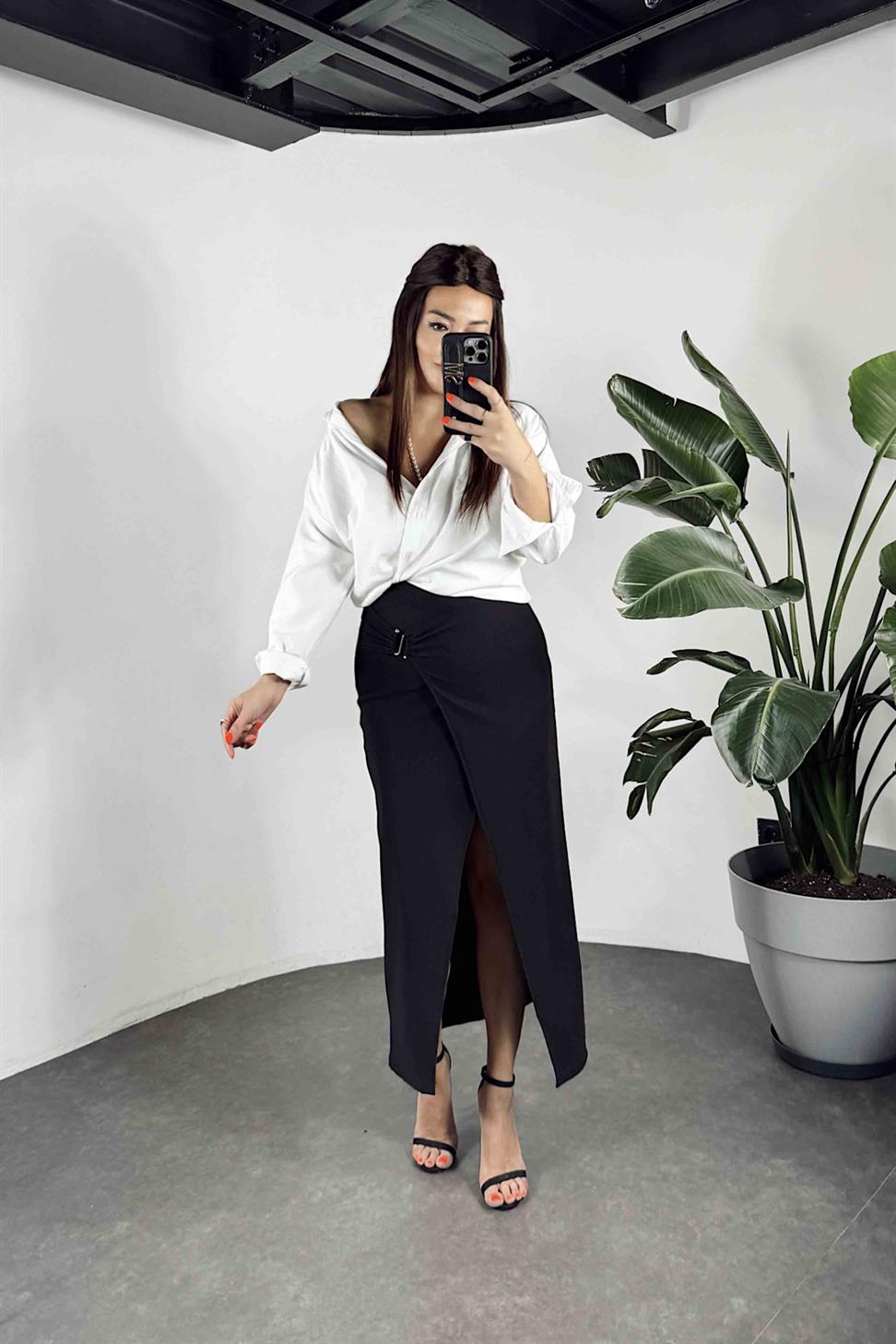 Ottoman Kumaş Önü Tokalı Etek Siyah