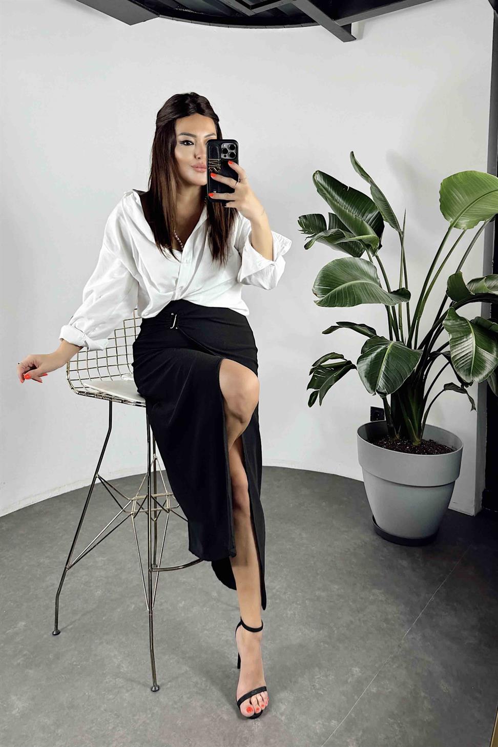 Ottoman Kumaş Önü Tokalı Etek Siyah