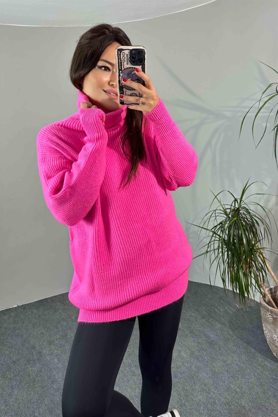 Oversize Balıkçı Yaka Kadın Kazak Neon Pembe