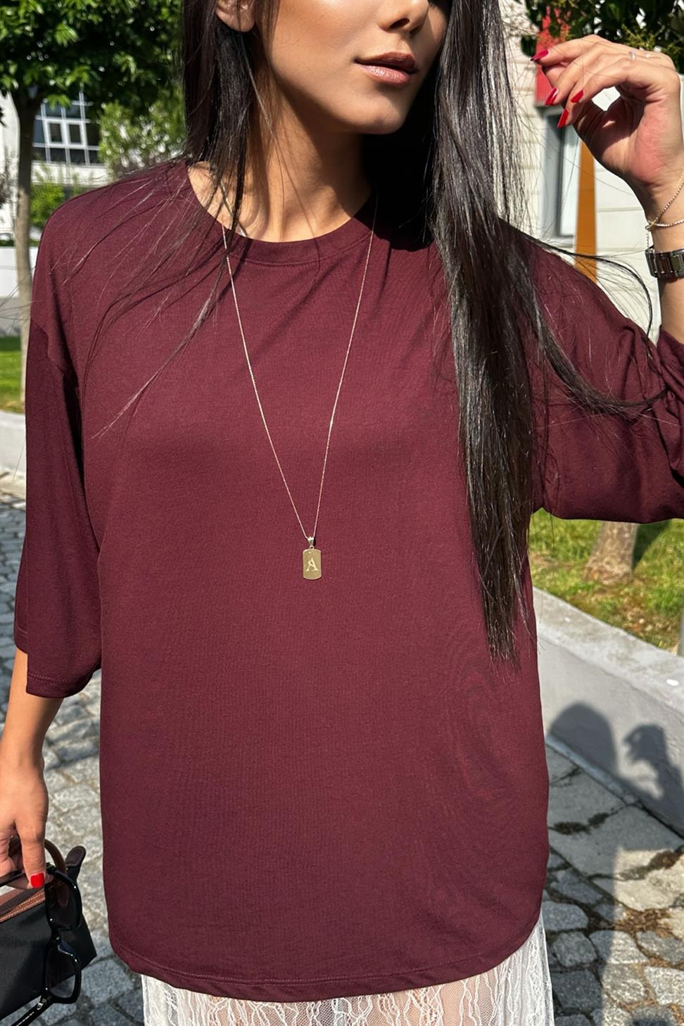 Oversize Basic Tişört Bordo