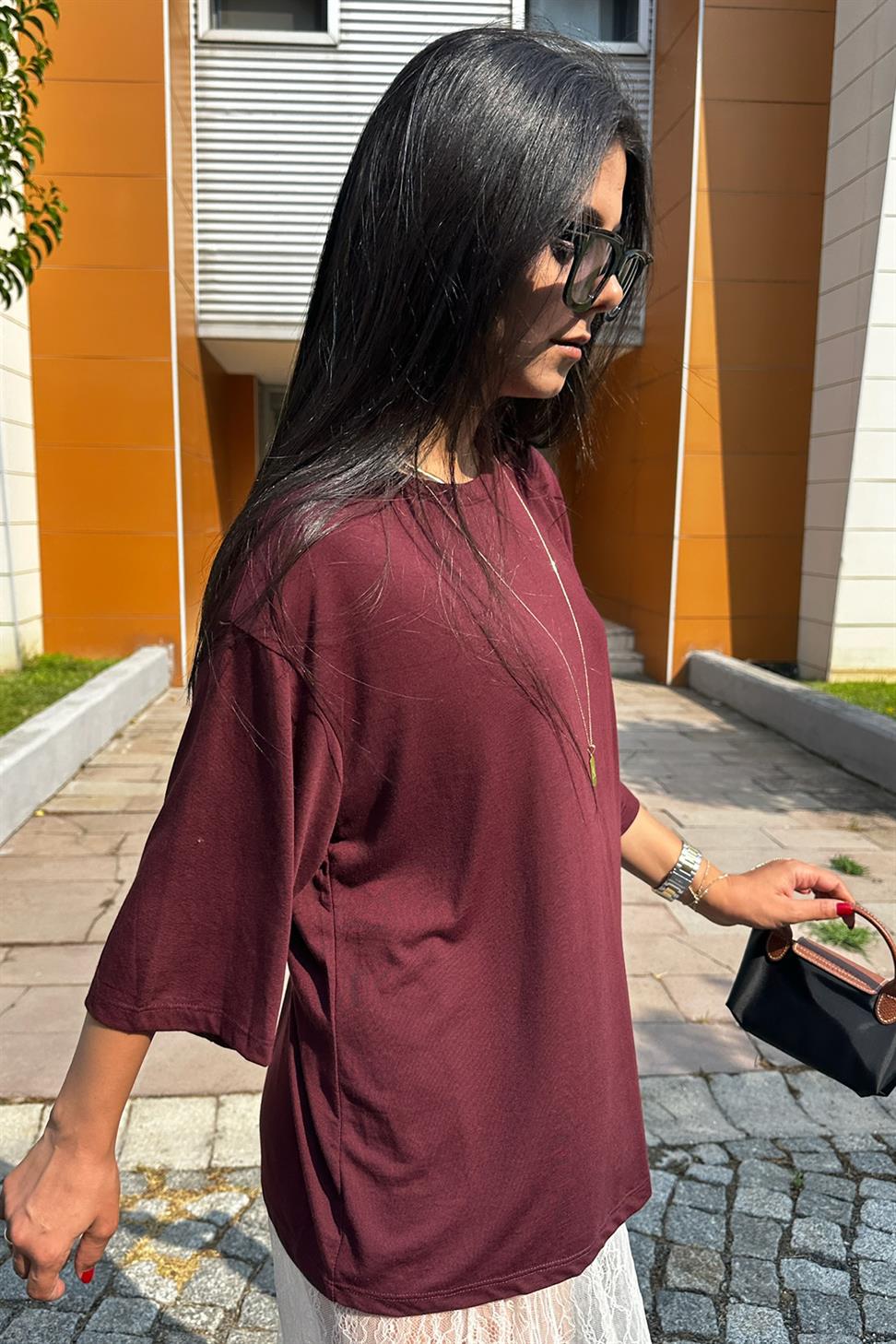 Oversize Basic Tişört Bordo