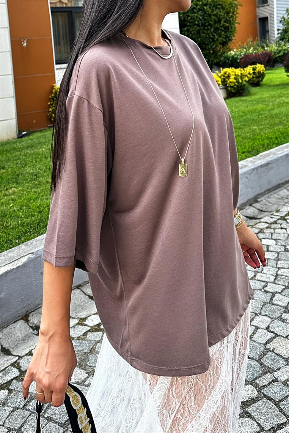 Oversize Basic Tişört Kahverengi