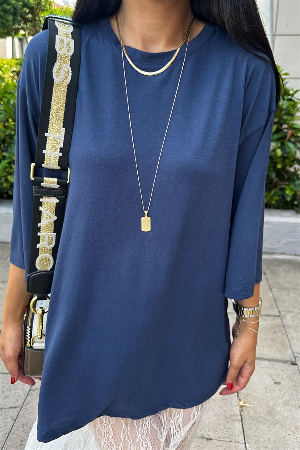 Oversize Basic Tişört Lacivert