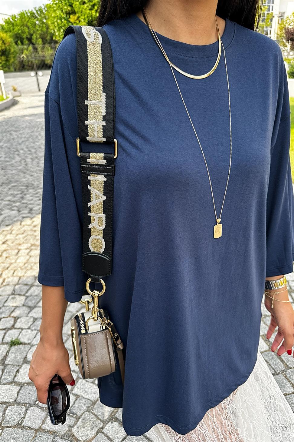 Oversize Basic Tişört Lacivert