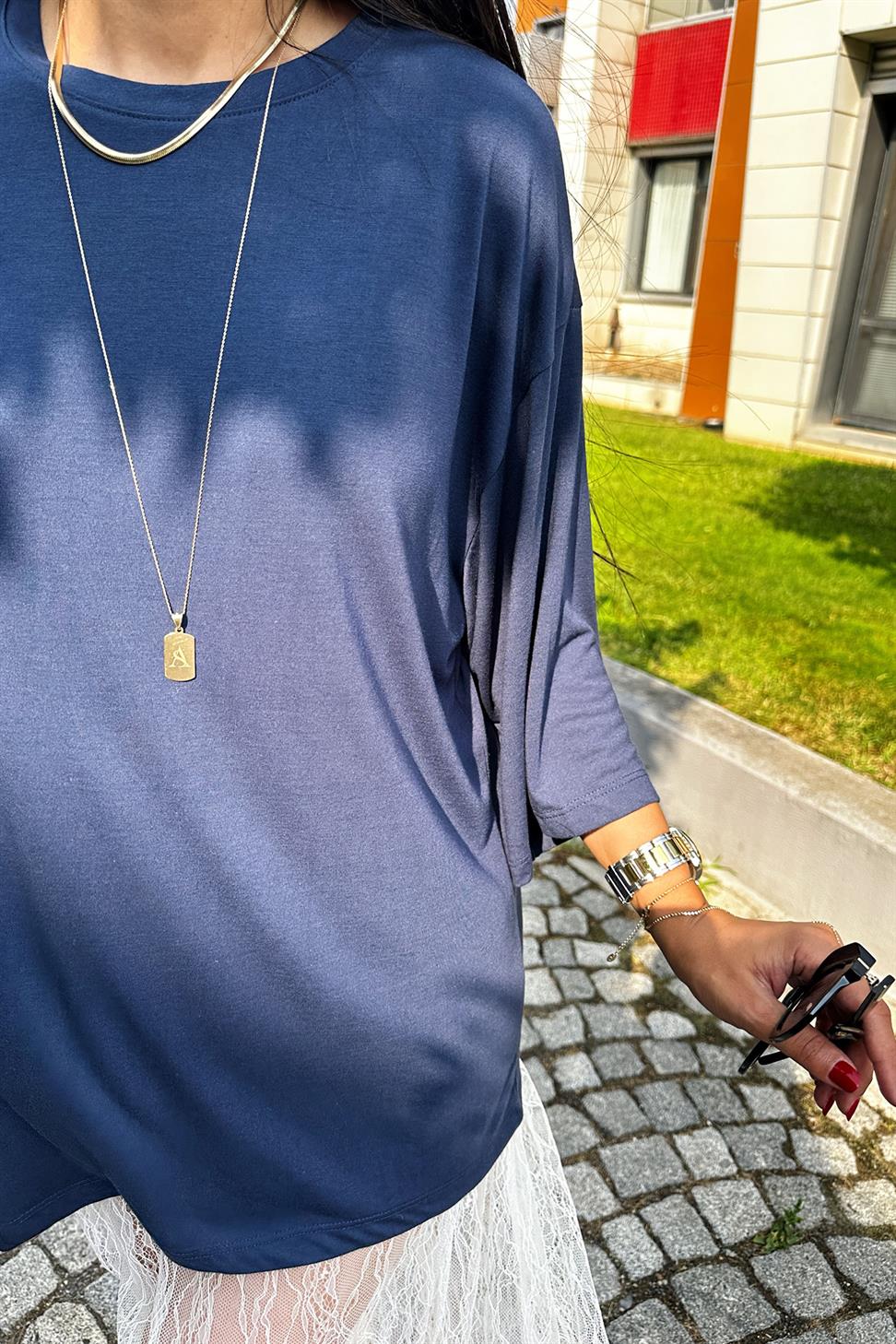 Oversize Basic Tişört Lacivert