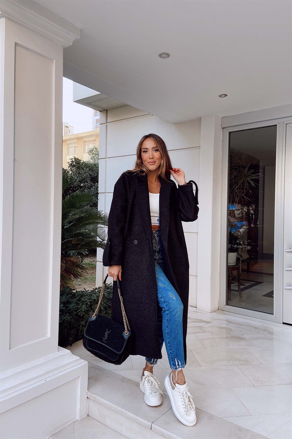 Oversize Bürümcük Kadın Kaban Siyah