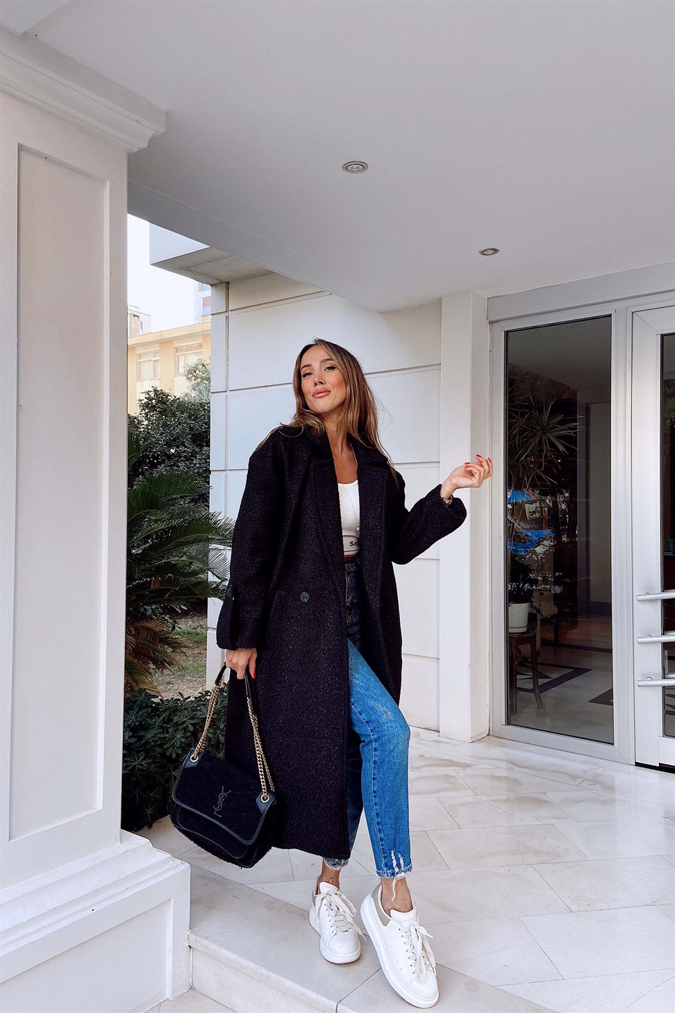 Oversize Bürümcük Kadın Kaban Siyah