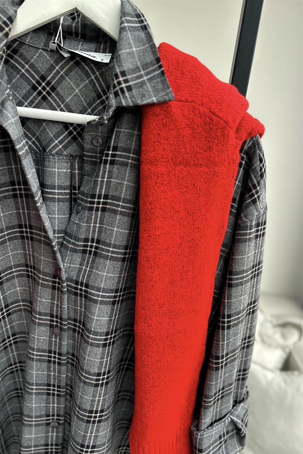 Oversize Ekose Gömlek Açık Gri