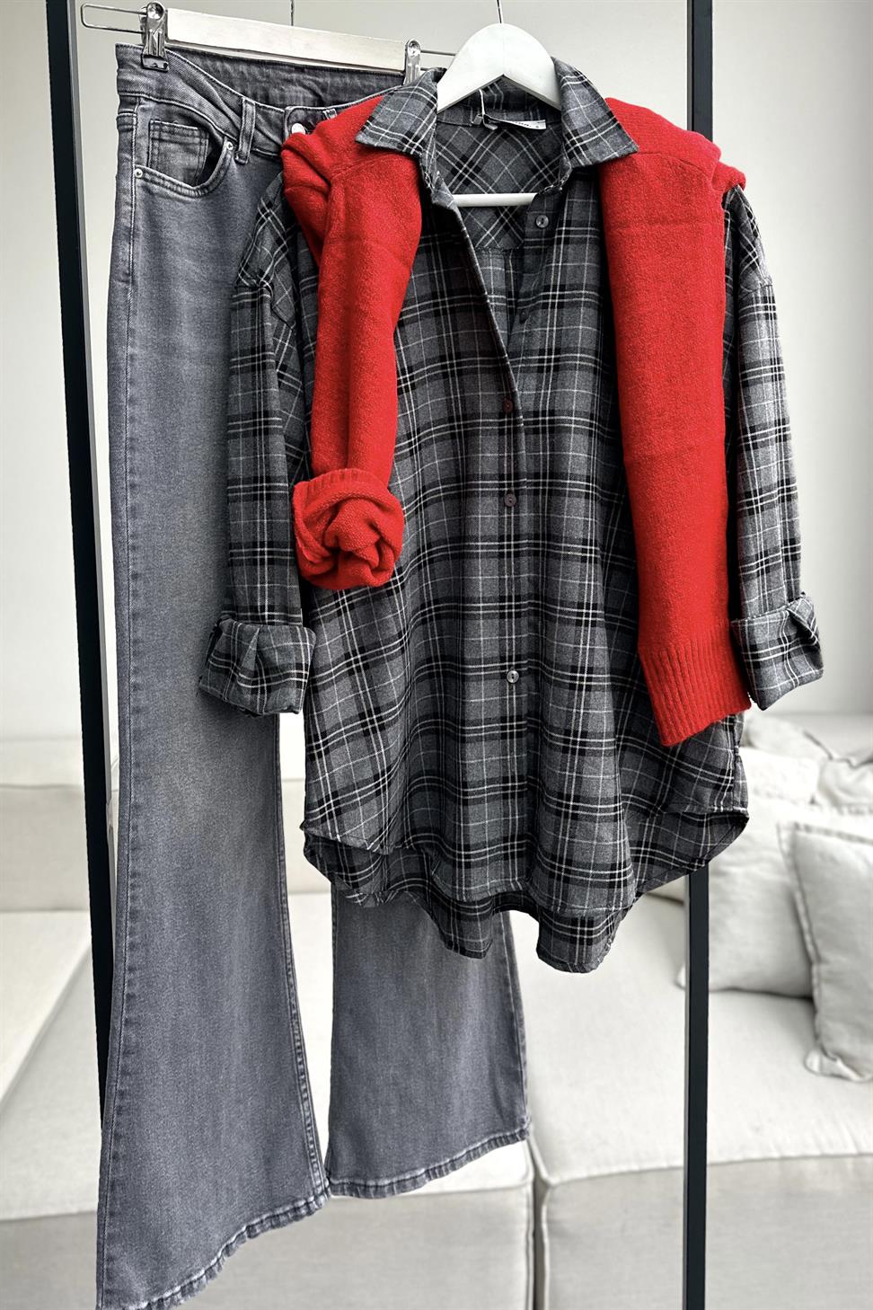 Oversize Ekose Gömlek Açık Gri