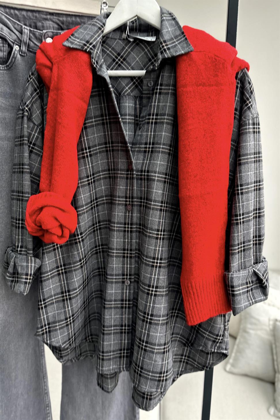 Oversize Ekose Gömlek Açık Gri