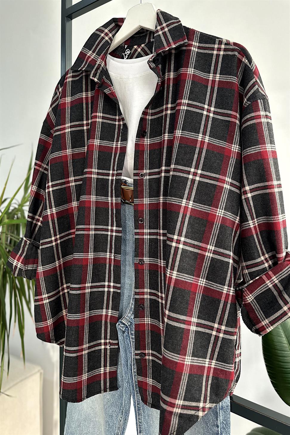 Oversize Ekose Gömlek Antrasit