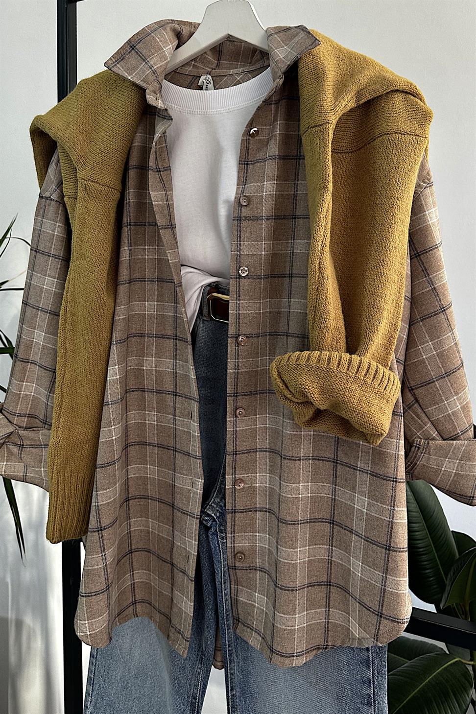 Oversize Ekose Gömlek Bej