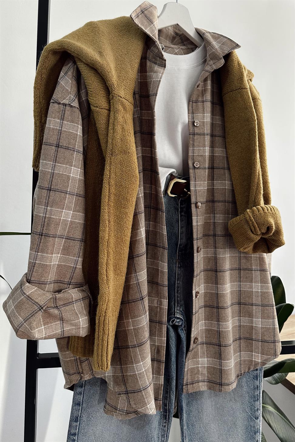 Oversize Ekose Gömlek Bej