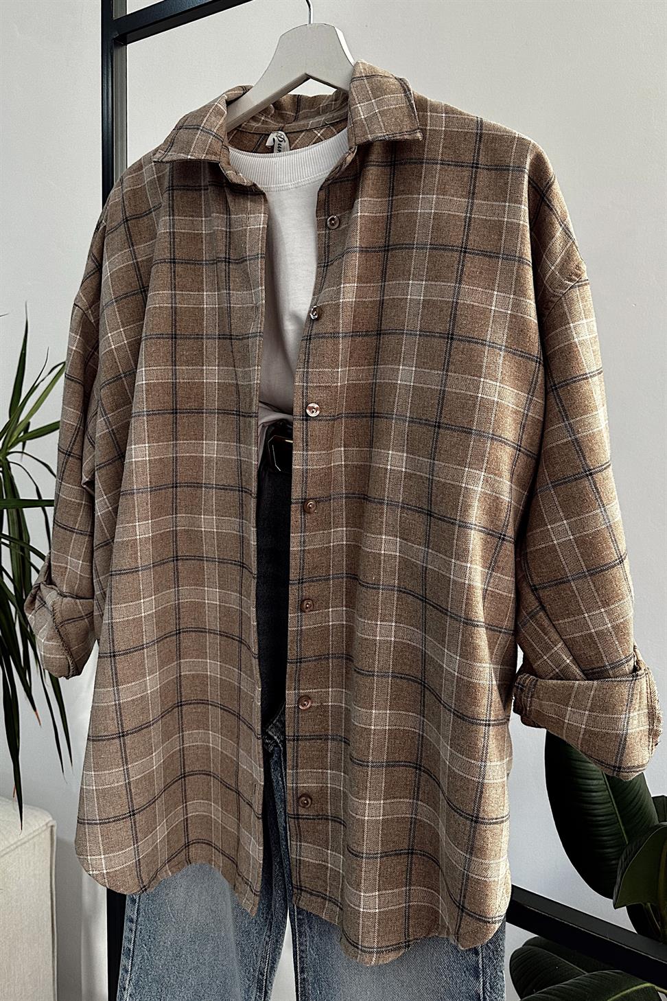 Oversize Ekose Gömlek Bej