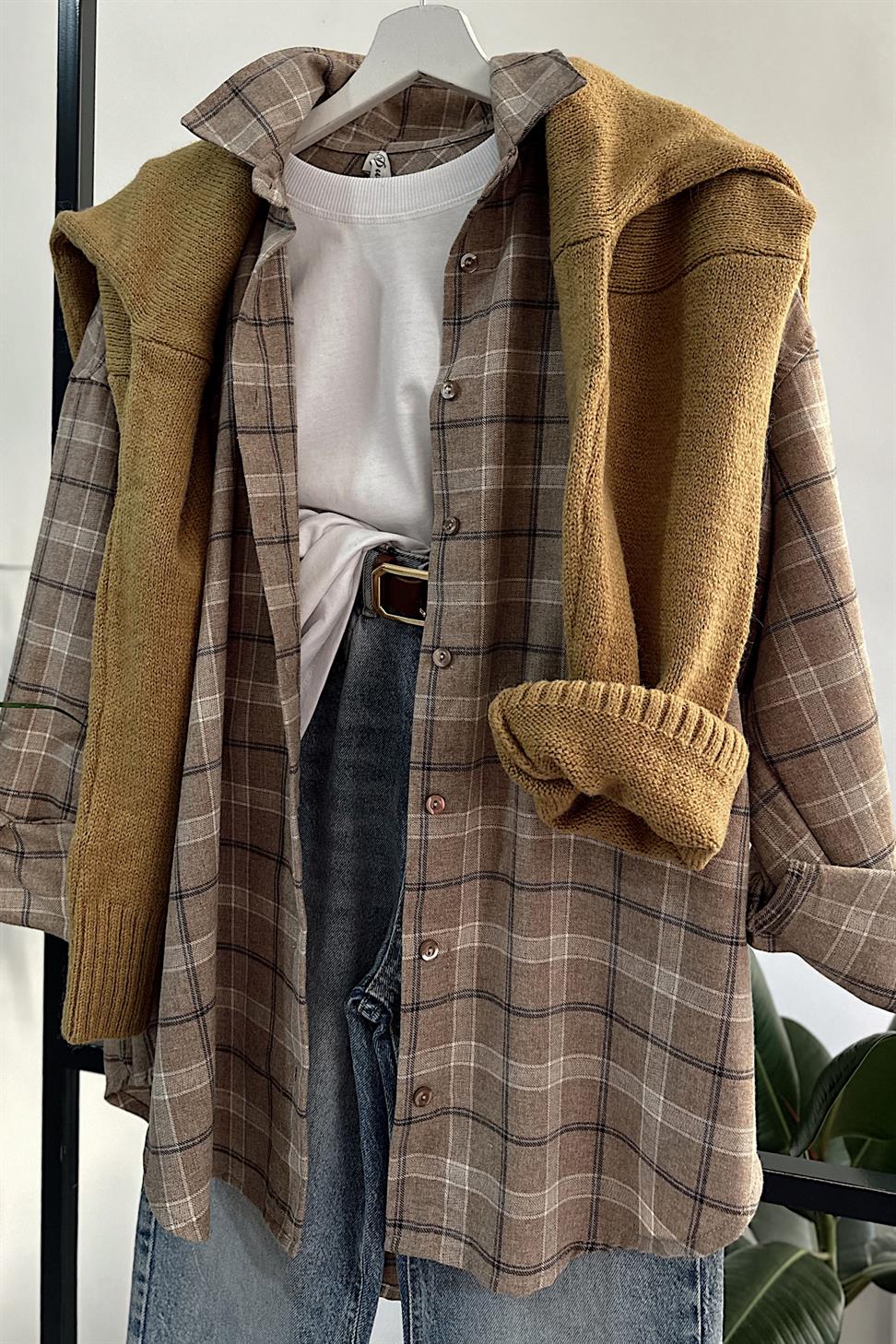 Oversize Ekose Gömlek Bej