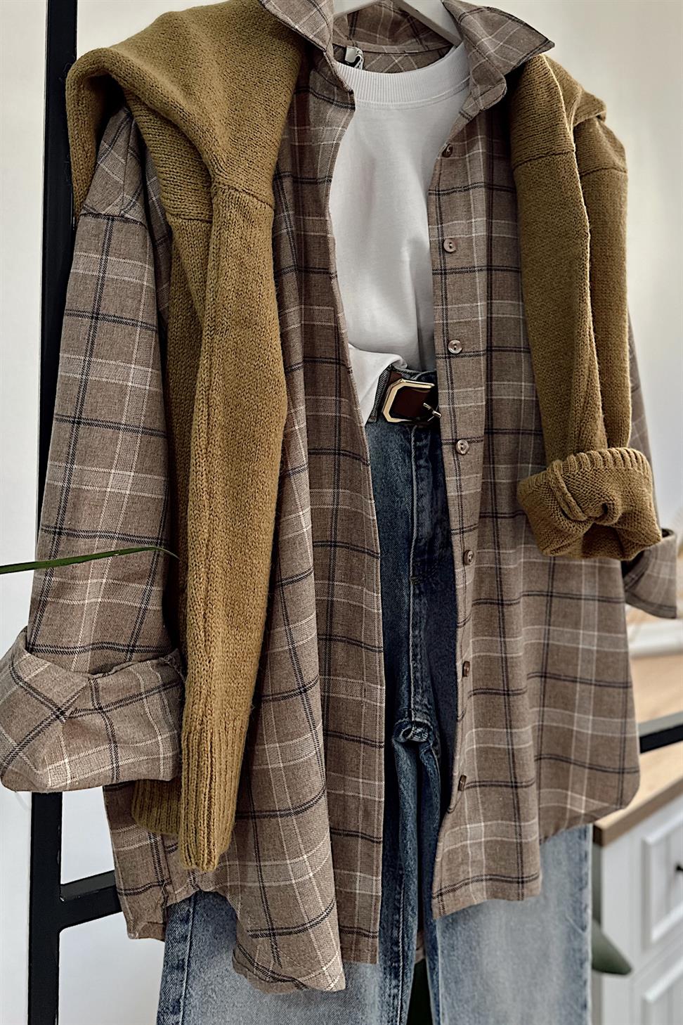 Oversize Ekose Gömlek Bej