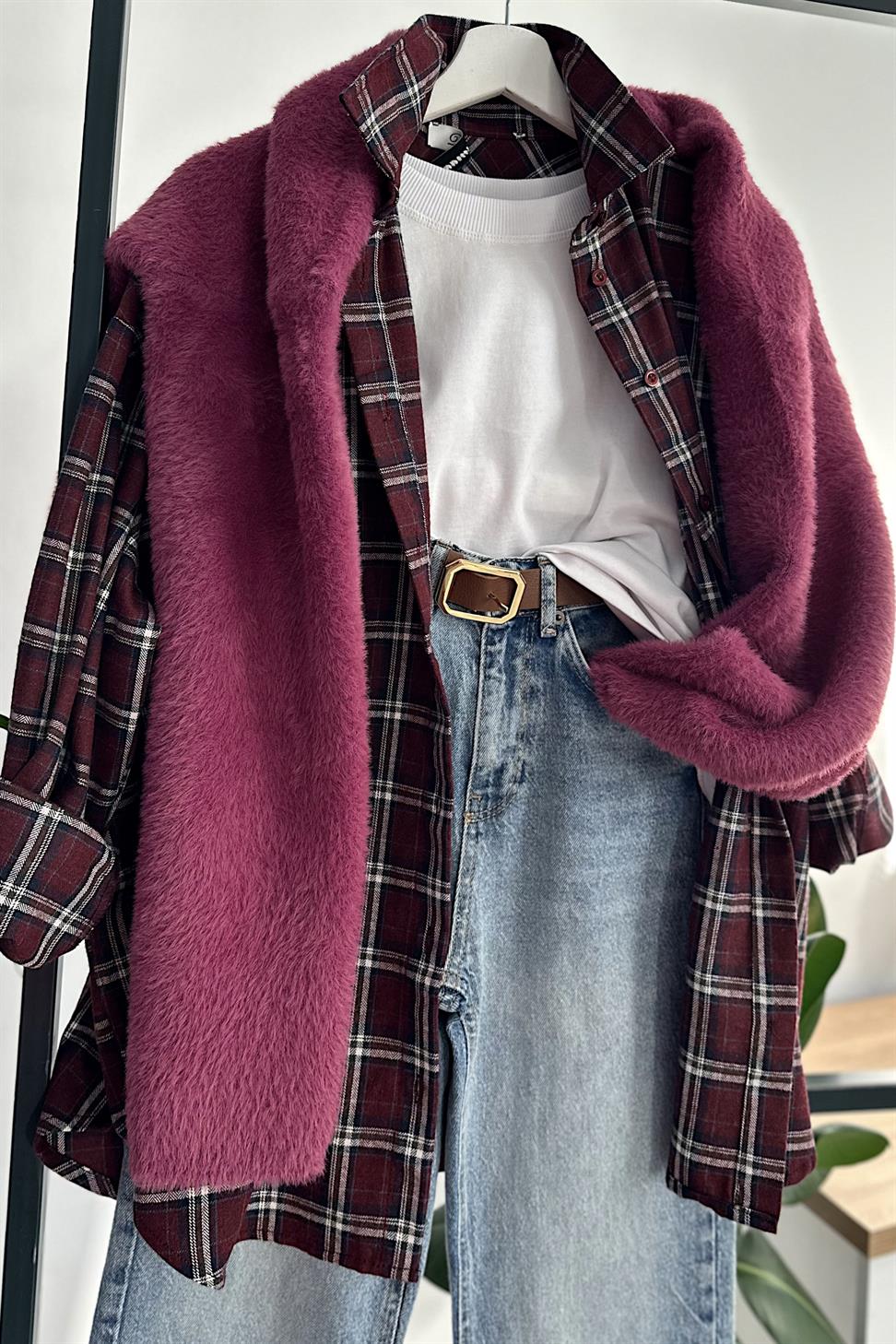 Oversize Ekose Gömlek Bordo