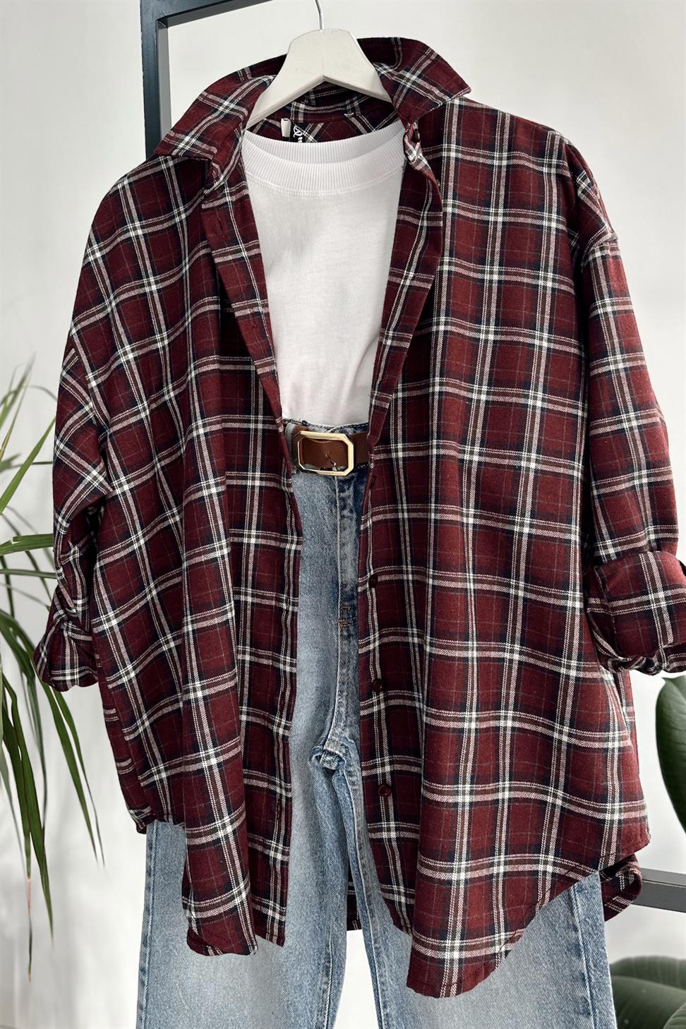 Oversize Ekose Gömlek Bordo