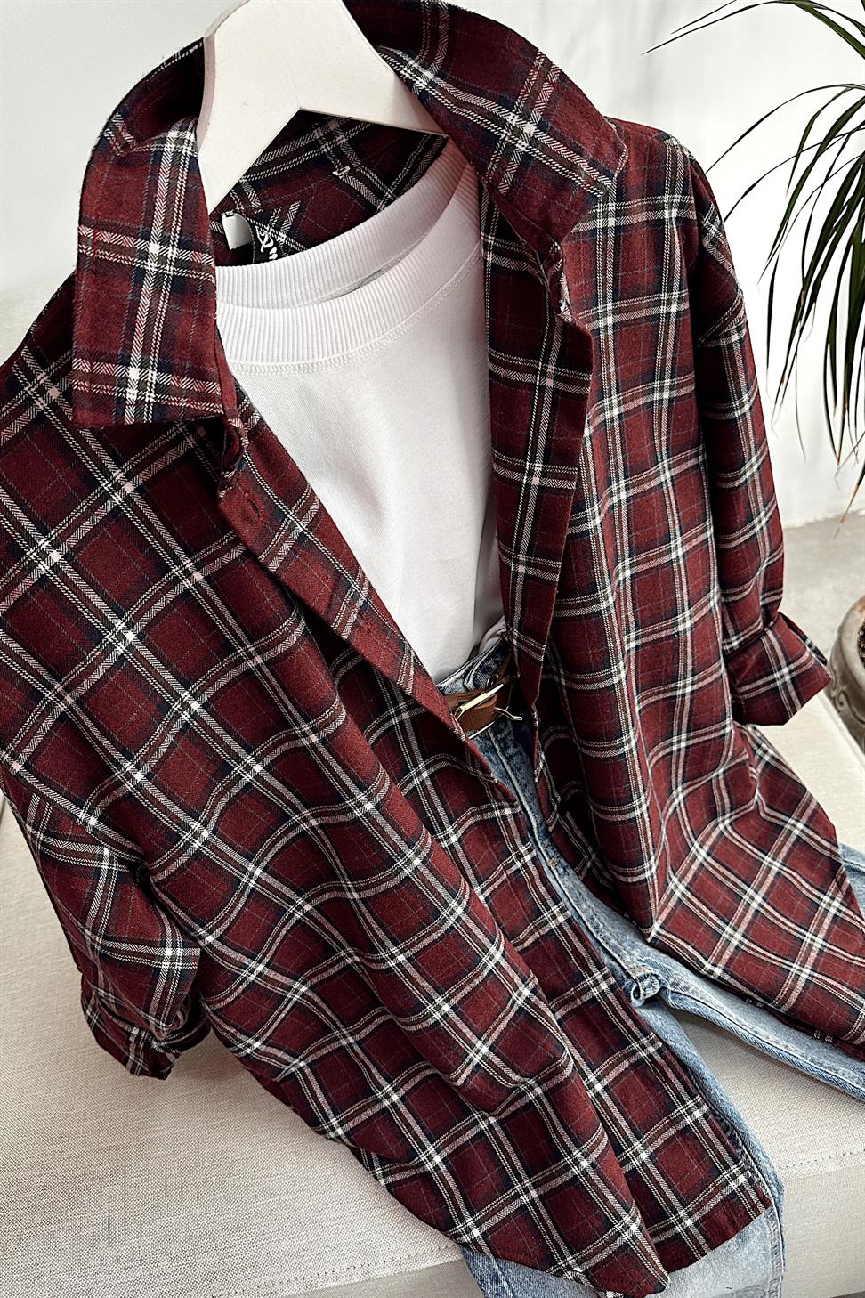 Oversize Ekose Gömlek Bordo