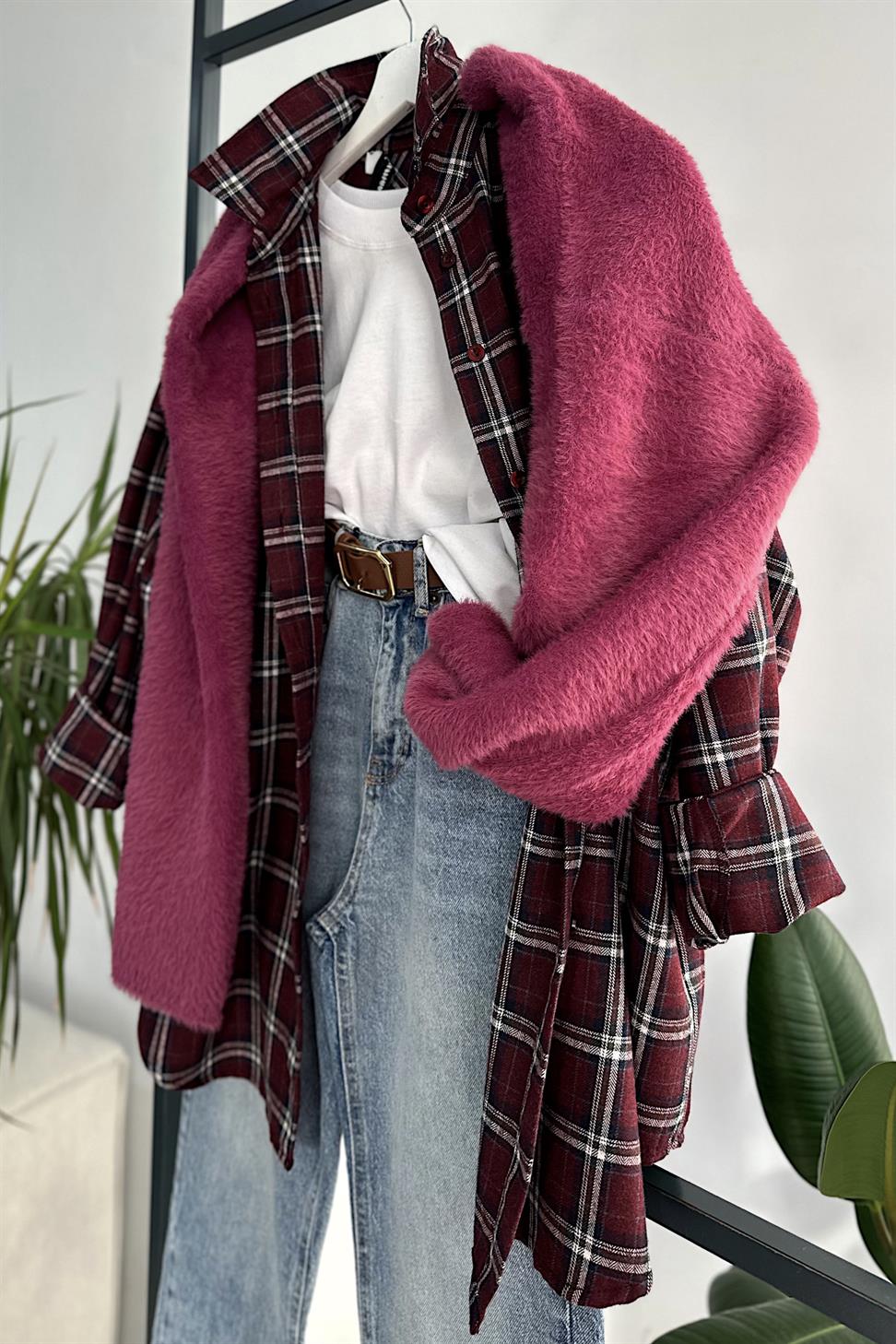 Oversize Ekose Gömlek Bordo