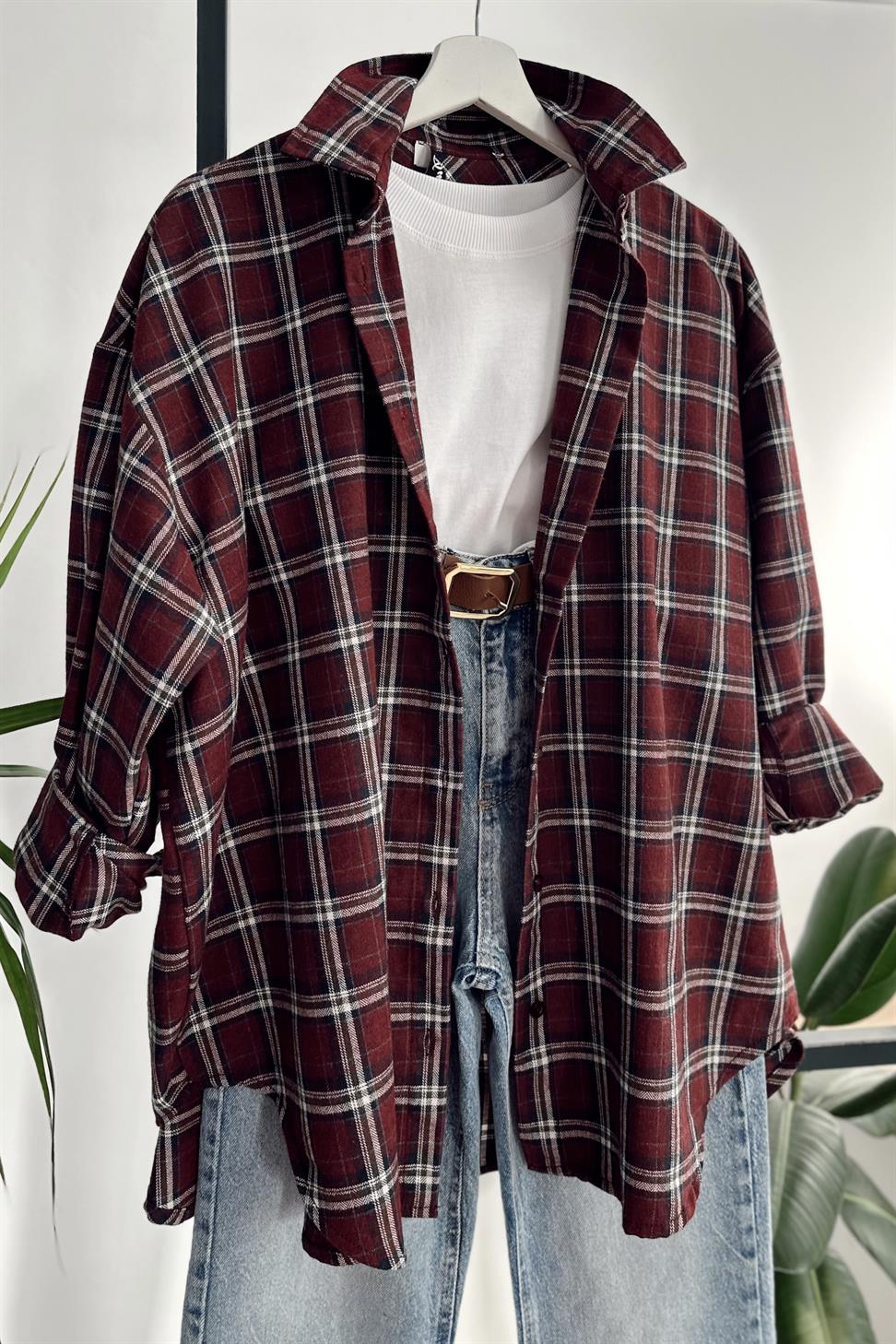 Oversize Ekose Gömlek Bordo