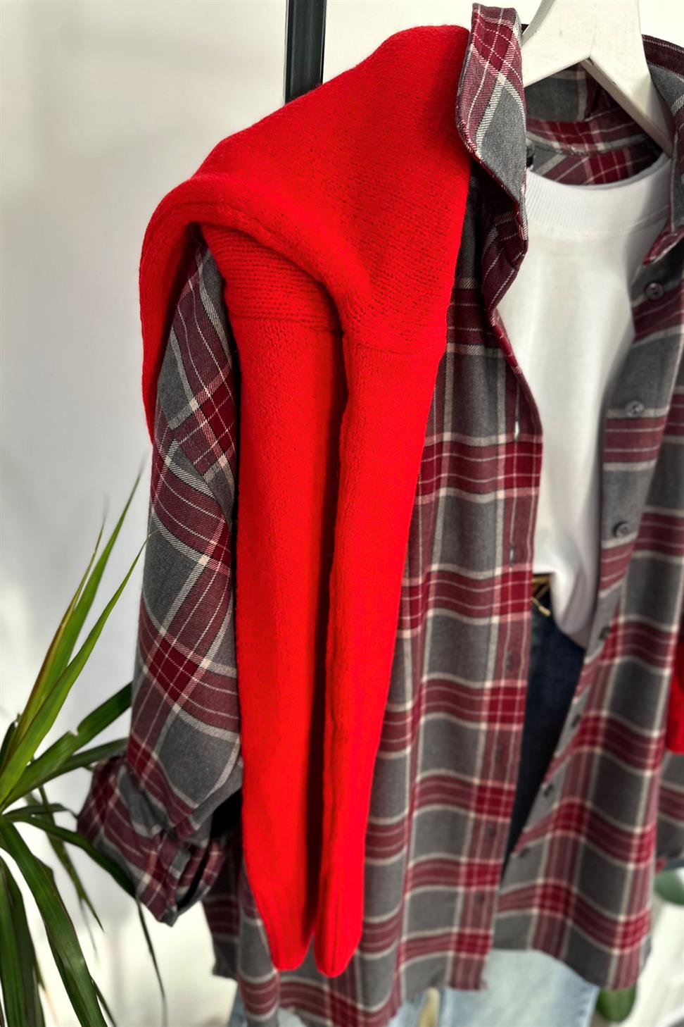 Oversize Ekose Gömlek Gri