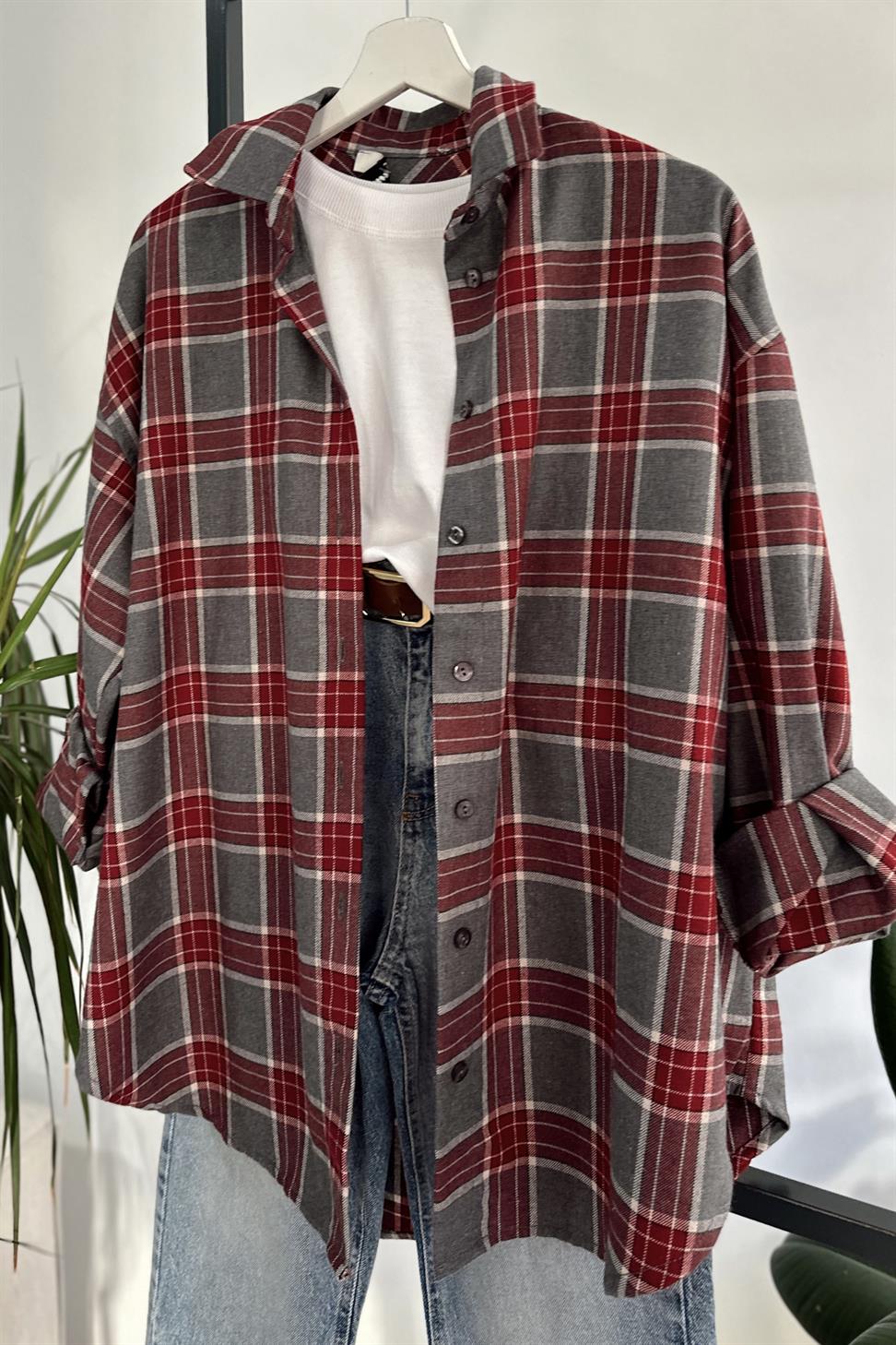 Oversize Ekose Gömlek Gri