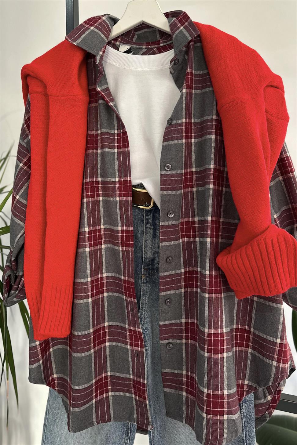 Oversize Ekose Gömlek Gri