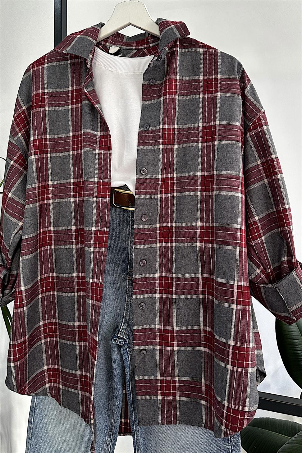 Oversize Ekose Gömlek Gri