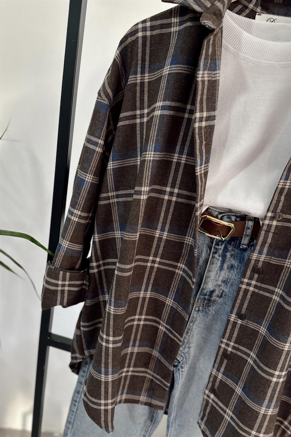Oversize Ekose Gömlek Kahverengi