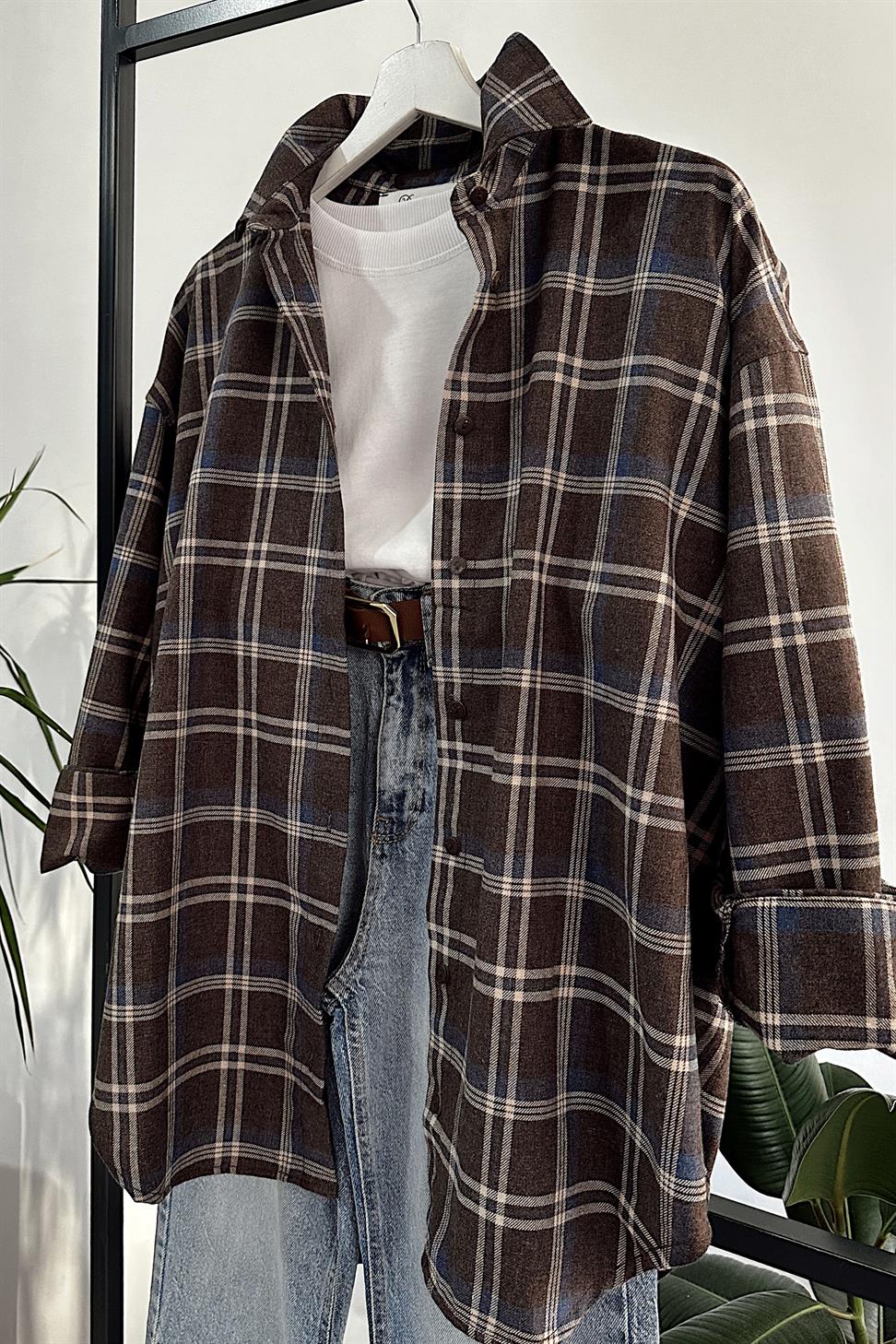 Oversize Ekose Gömlek Kahverengi