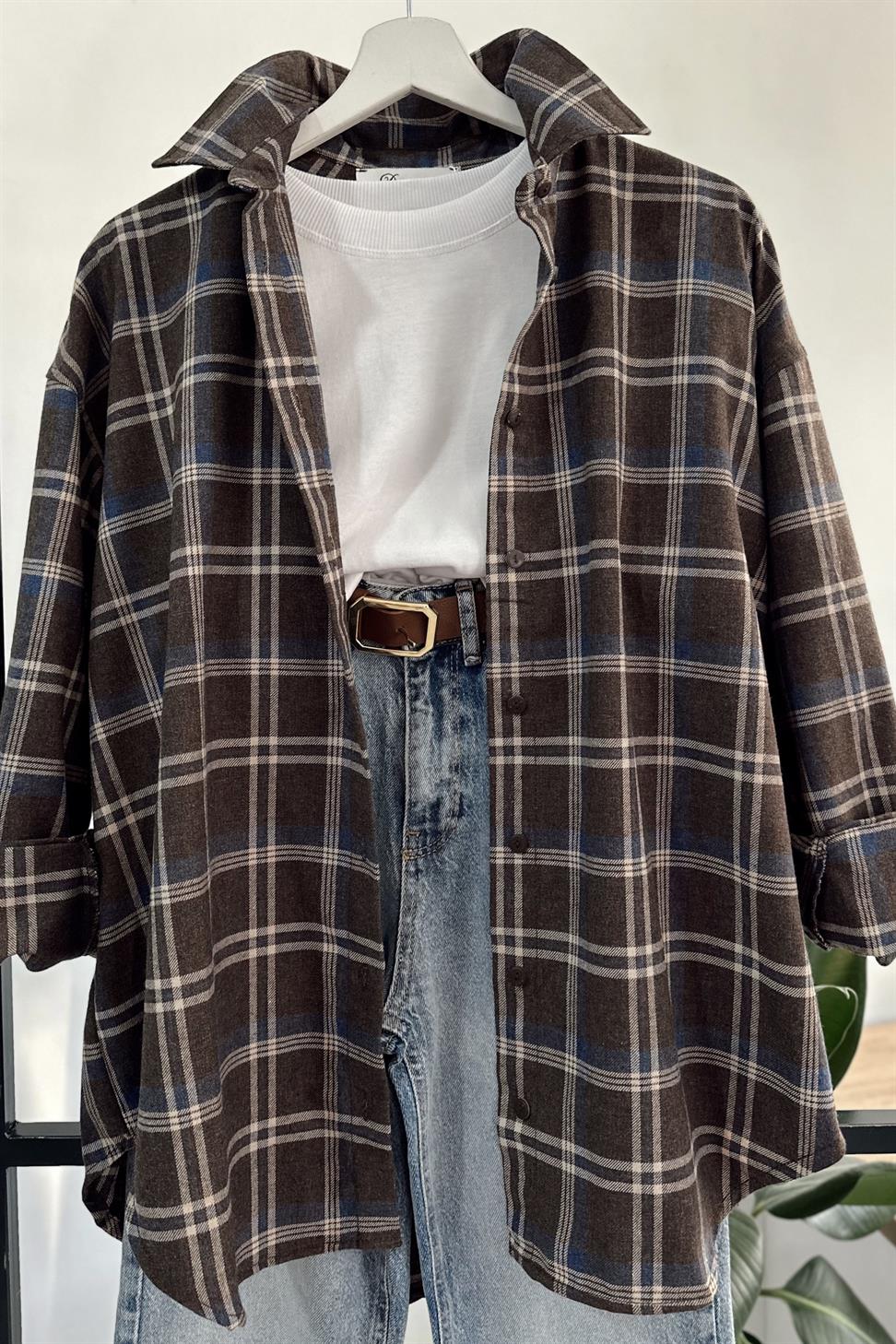 Oversize Ekose Gömlek Kahverengi