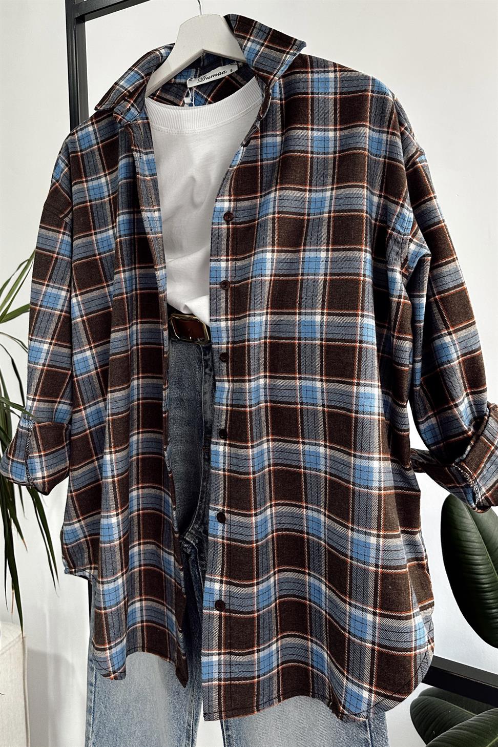 Oversize Ekose Gömlek Mavi