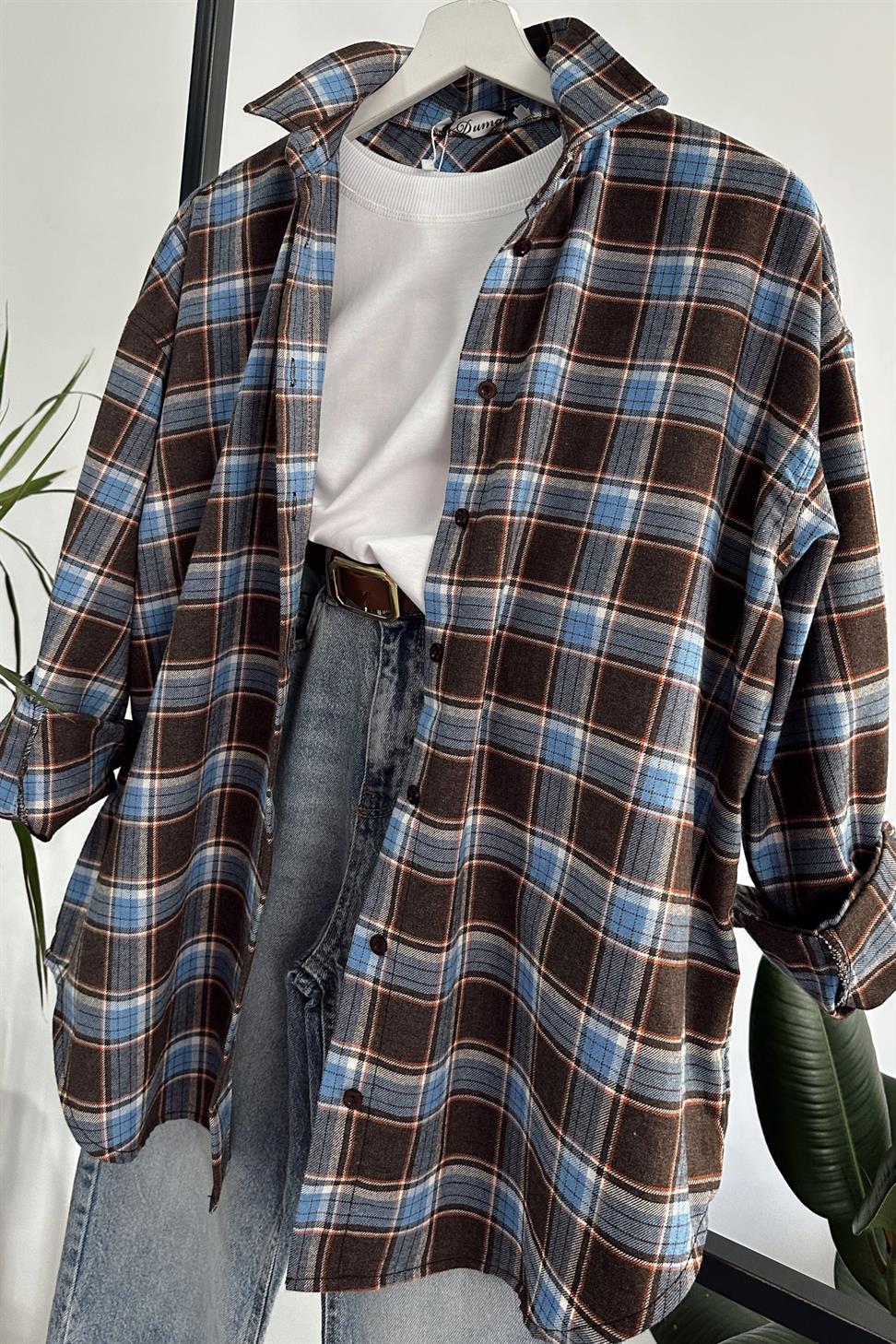 Oversize Ekose Gömlek Mavi