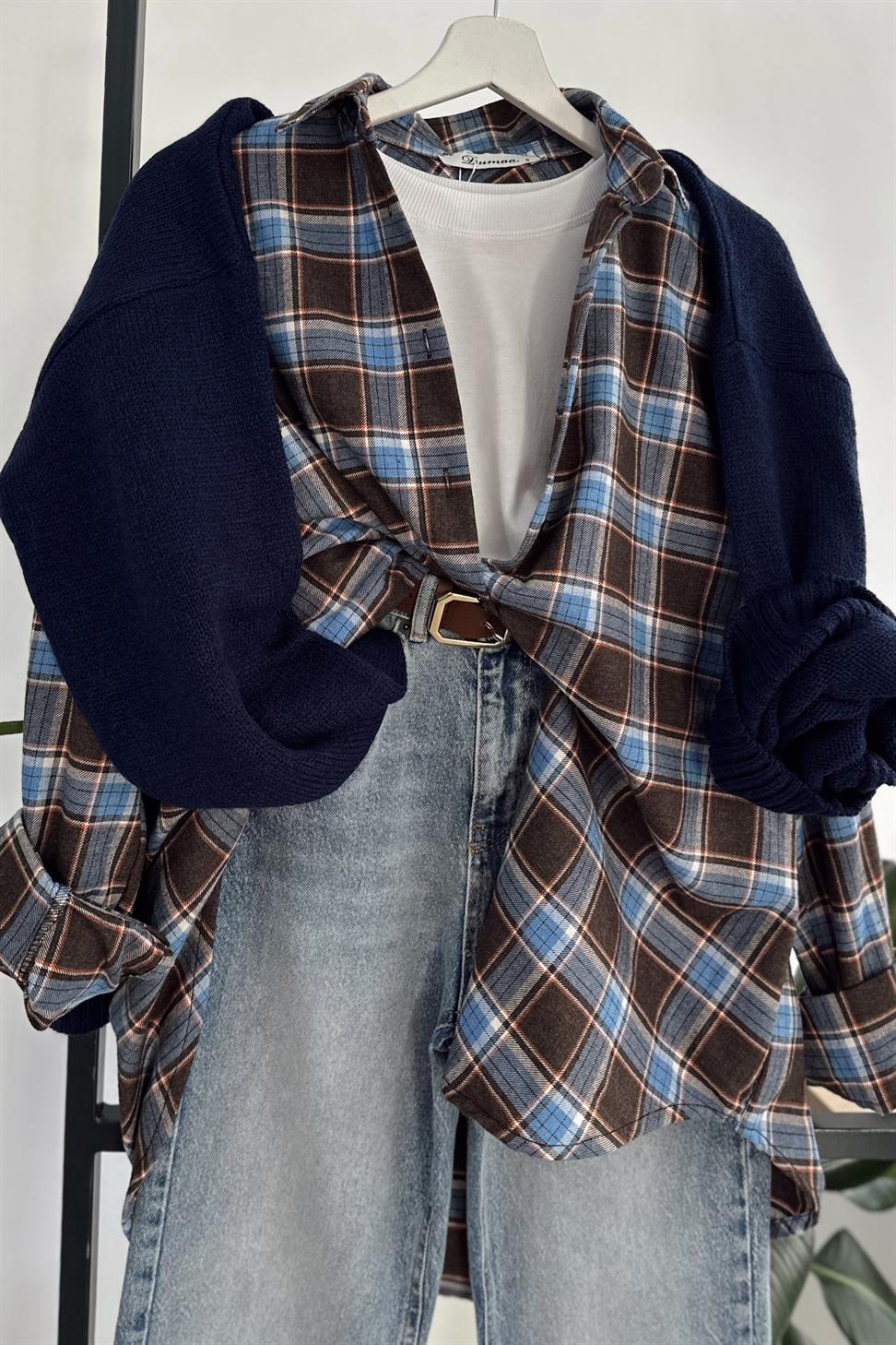 Oversize Ekose Gömlek Mavi