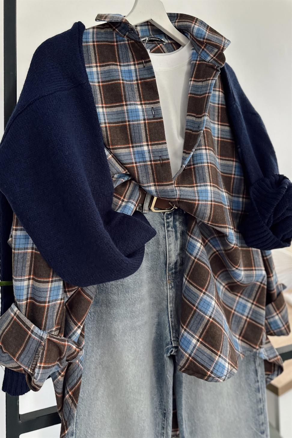 Oversize Ekose Gömlek Mavi