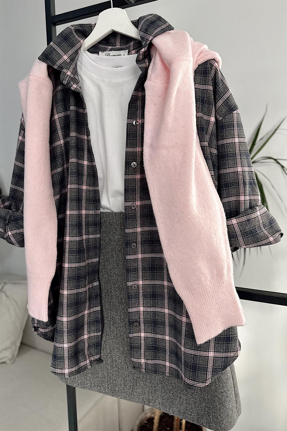 Oversize Ekose Gömlek Pembe Gri