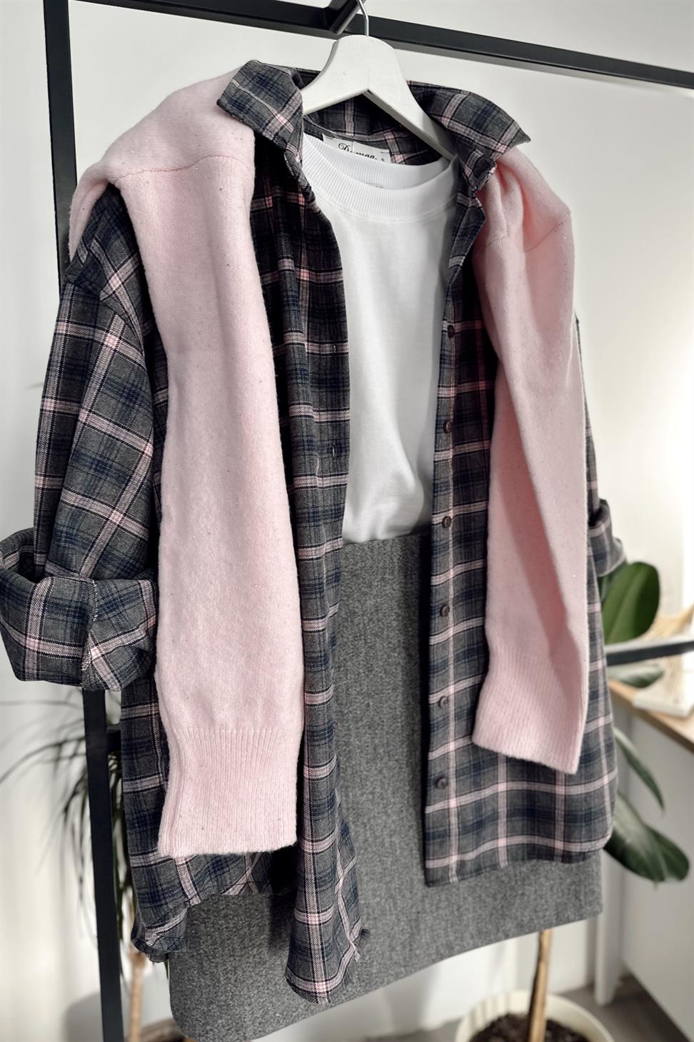 Oversize Ekose Gömlek Pembe Gri