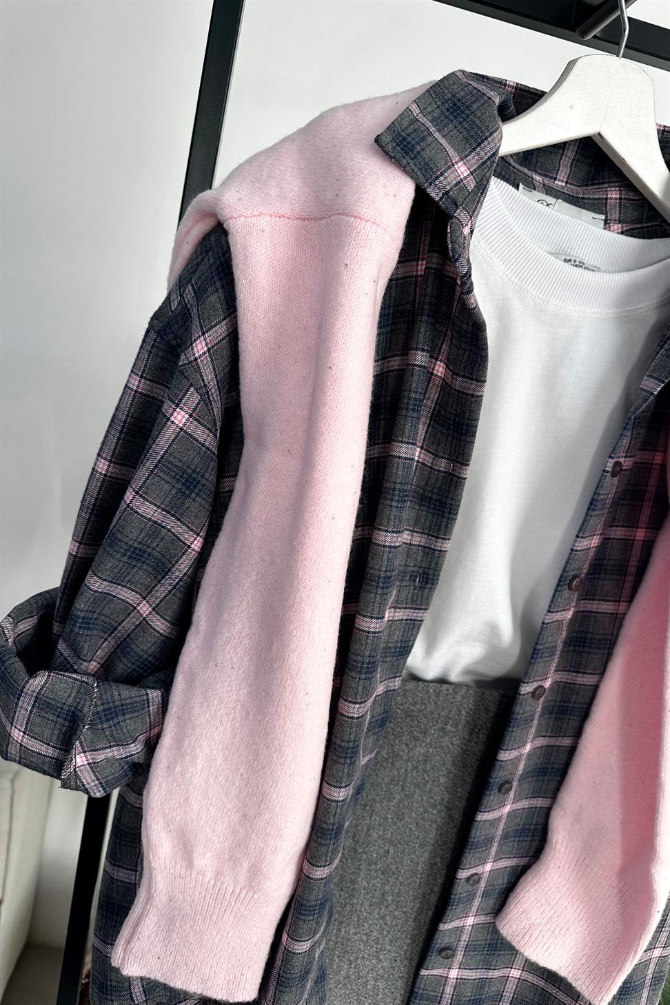 Oversize Ekose Gömlek Pembe Gri