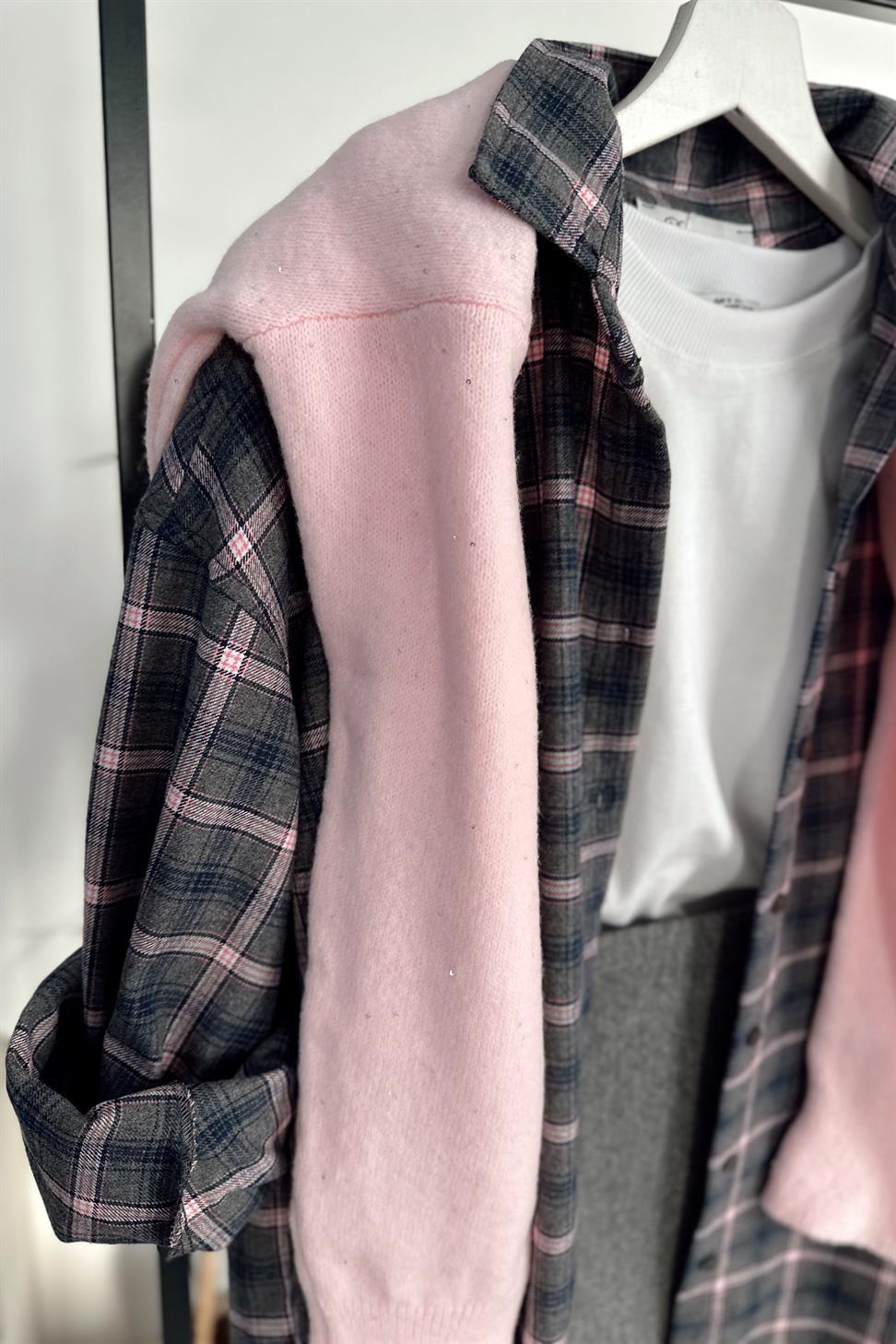 Oversize Ekose Gömlek Pembe Gri